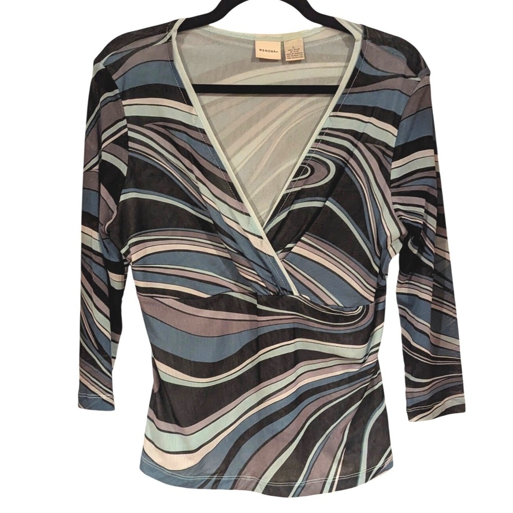 Merona Womens Large Blue Grey Abstract Swirl Sheer Mesh V-Neck Top y2k Retro
